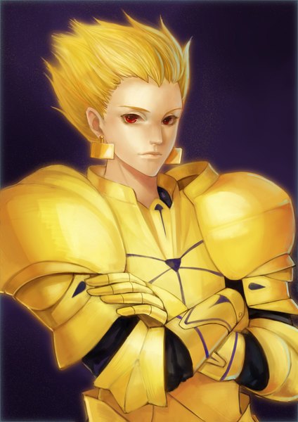 Anime picture 1414x2000 with fate (series) fate/stay night fate/zero studio deen type-moon gilgamesh (fate) okita koori single tall image short hair blonde hair red eyes realistic crossed arms boy earrings armor