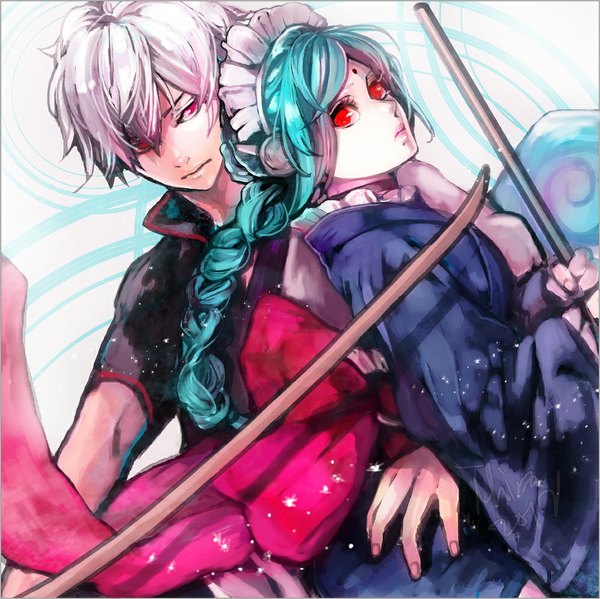 Anime picture 998x997 with gintama sunrise (studio) sakata gintoki tama (gintama) ihiro looking at viewer fringe red eyes holding looking away silver hair braid (braids) traditional clothes japanese clothes fingernails green hair lips wide sleeves serious girl