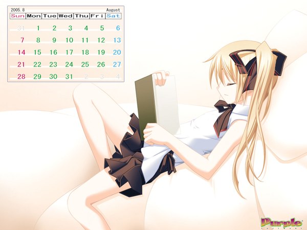 Anime picture 1600x1200 with karen (purple software) purple software kannagi yuu single long hair blonde hair white background twintails bent knee (knees) lying eyes closed profile pleated skirt official art on back copyright name calendar 2005 girl skirt bow