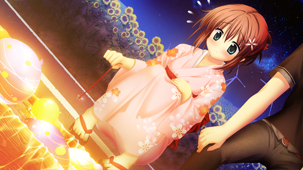 Anime picture 1280x720 with aqua (game) nonomiya chisa akizuki tsukasa blush blue eyes brown hair wide image game cg japanese clothes hair flower night girl hair ornament kimono sandals sunflower