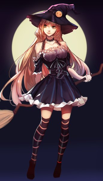 Anime picture 1250x2187 with original mconch single long hair tall image smile brown hair bare shoulders looking away grey eyes zettai ryouiki dark background halloween witch girl thighhighs dress bow hat choker