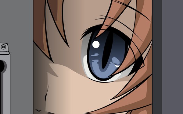 Anime picture 1920x1200 with higurashi no naku koro ni studio deen ryuuguu rena single looking at viewer fringe highres blue eyes brown hair wide image close-up face vector peeking girl