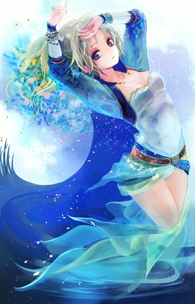 Anime picture 765x1191 with dissidia final fantasy kiisa single long hair tall image looking at viewer blue eyes green hair night arms up night sky blue background girl dress flower (flowers) petals belt moon jewelry necklace