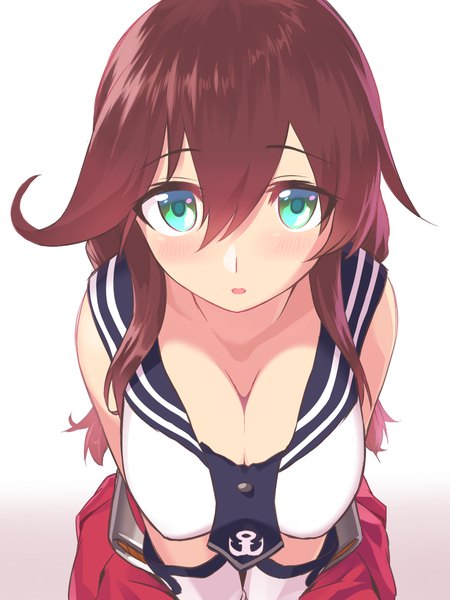 Anime picture 1200x1600 with kantai collection noshiro light cruiser blew andwhite single long hair tall image looking at viewer blush breasts open mouth light erotic simple background brown hair large breasts white background bare shoulders aqua eyes leaning leaning forward close-up