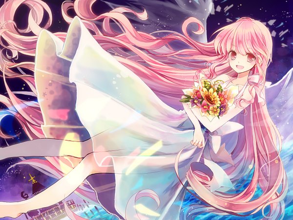 Anime picture 1240x930 with original t miyanagi single looking at viewer blush open mouth pink hair sky very long hair pink eyes barefoot night weightlessness transparent girl dress flower (flowers) white dress sundress bouquet