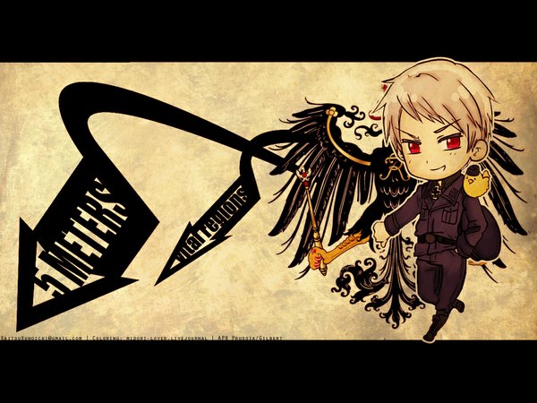 Anime picture 1024x768 with axis powers hetalia studio deen prussia (hetalia) single smile red eyes white hair chibi hand in pocket boy uniform wings cross military uniform gilbert rows