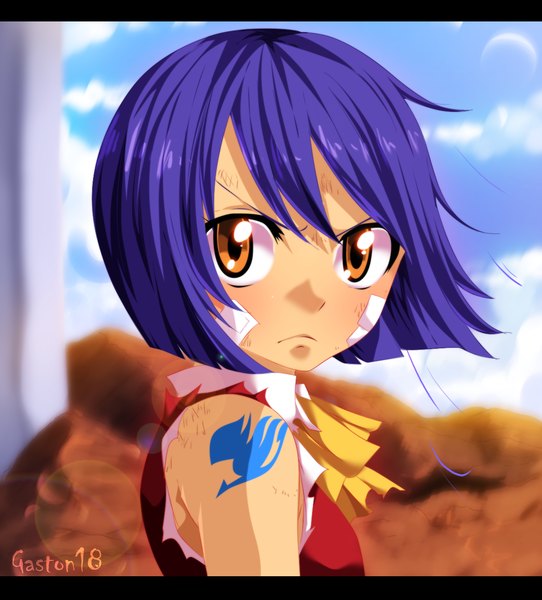 Anime picture 1164x1287 with fairy tail wendy marvell tongasart single tall image short hair yellow eyes blue hair sky cloud (clouds) sunlight loli tattoo coloring torn clothes letterboxed sunbeam bandaid on face girl bandaid