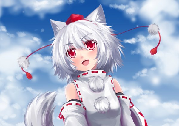 Anime picture 3507x2480 with touhou inubashiri momiji langlong single blush highres short hair open mouth red eyes bare shoulders animal ears absurdres cloud (clouds) white hair animal tail girl hat detached sleeves