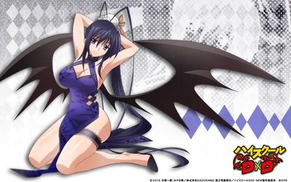 Anime picture 2560x1600 with highschool dxd himejima akeno single highres light erotic black hair purple eyes cleavage ponytail very long hair traditional clothes chinese clothes girl wings chinese dress