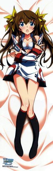 Anime picture 2353x7551 with infinite stratos 8bit fang linyin kurashima tomoyasu long hair tall image blush highres open mouth blue eyes light erotic brown hair dakimakura (medium) girl uniform school uniform socks black socks