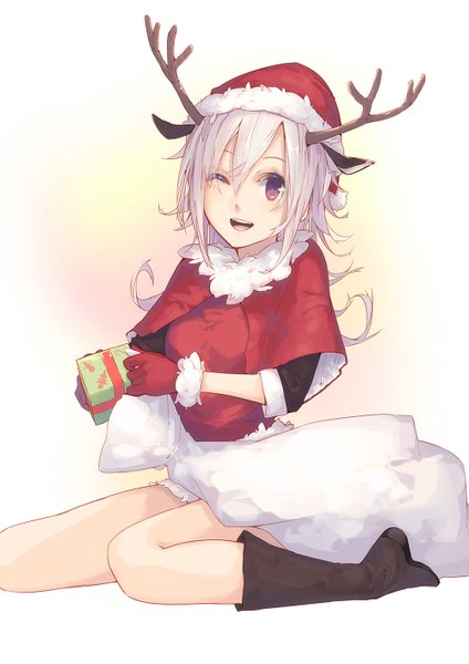 Anime picture 1000x1415 with original la-na single long hair tall image looking at viewer open mouth simple background white background purple eyes white hair one eye closed horn (horns) wink fur trim christmas merry christmas girl gloves hat