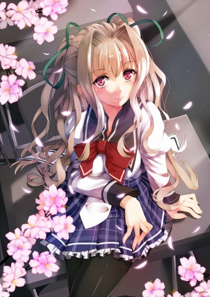 Anime picture 800x1131 with da capo iii yoshino charles amayofoo single long hair tall image looking at viewer red eyes sitting white hair cherry blossoms girl skirt uniform ribbon (ribbons) plant (plants) hair ribbon school uniform petals tree (trees)