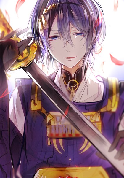 Anime picture 700x1002 with touken ranbu nitroplus mikazuki munechika poni (rito) single tall image looking at viewer fringe short hair blue eyes hair between eyes holding purple hair traditional clothes parted lips head tilt japanese clothes boy gloves weapon