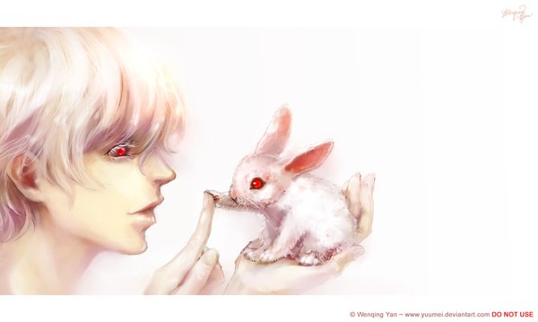 Anime picture 1024x614 with yuumei single short hair red eyes wide image white background white hair profile inscription albino boy animal bunny