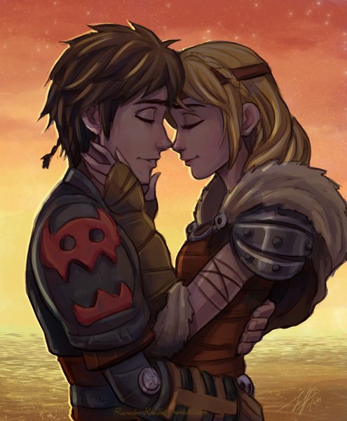 Anime picture 826x1000 with how to train your dragon dreamworks hiccup horrendous haddock iii astrid hofferson jeff-mahadi long hair tall image short hair blonde hair brown hair eyes closed couple hug face to face girl boy