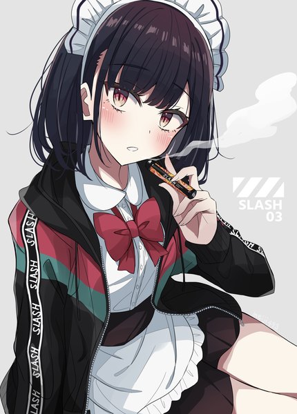 Anime picture 2840x3960 with original slash (company) meiji (meizi493) single tall image looking at viewer blush highres short hair black hair simple background sitting grey background open jacket maid smoke multicolored eyes girl uniform jacket