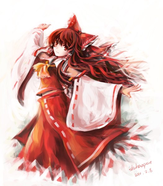 Anime picture 1400x1600 with touhou hakurei reimu shuhaoqian single long hair tall image looking at viewer simple background red eyes white background bare shoulders signed red hair wind spread arms miko girl skirt bow hair bow