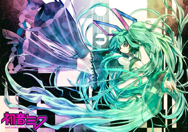 Anime picture 1440x1018 with vocaloid hatsune miku mihane single looking at viewer red eyes twintails very long hair green hair girl detached sleeves