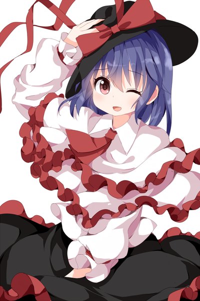Anime picture 666x1000 with touhou nagae iku ruu (tksymkw) single long hair tall image looking at viewer blush fringe open mouth simple background red eyes white background blue hair one eye closed from above wind hand on head girl hat