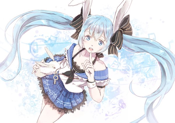 Anime picture 1146x810 with vocaloid hatsune miku cheese (artist) single long hair looking at viewer open mouth blue eyes twintails holding from above alternate costume girl skirt bow hair bow animal wrist cuffs bunny key