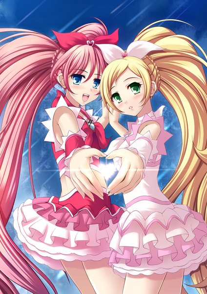 Anime picture 2728x3857 with precure suite precure toei animation houjou hibiki minamino kanade cure melody cure rhythm minami suzaku (artist) long hair tall image blush highres open mouth blue eyes blonde hair multiple girls green eyes pink hair ponytail very long hair
