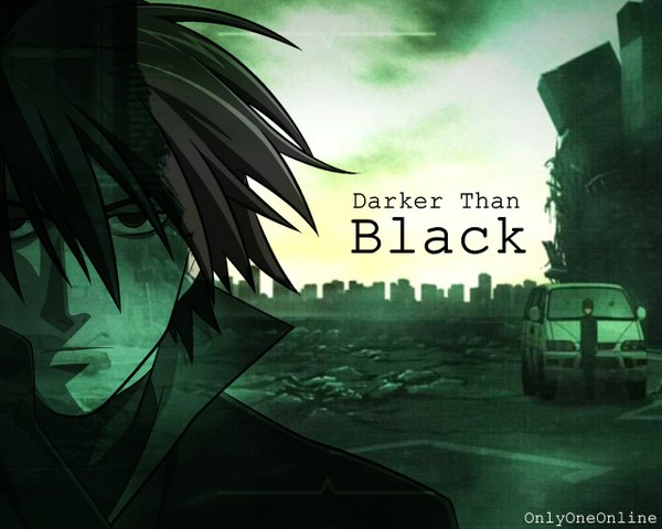 Anime picture 1280x1024 with darker than black studio bones hei (darker than black) black hair city monochrome ruins boy building (buildings) ground vehicle car
