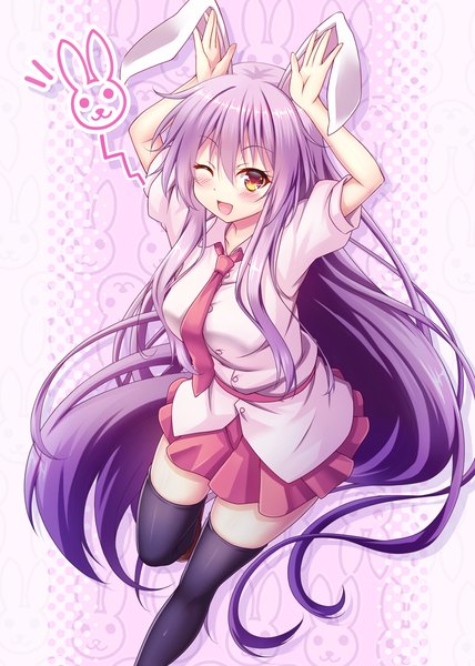 Anime picture 933x1307 with touhou reisen udongein inaba oubou single long hair tall image looking at viewer blush fringe breasts open mouth simple background smile hair between eyes large breasts standing animal ears yellow eyes payot purple hair