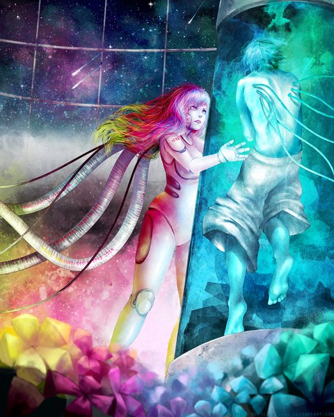 Anime picture 900x1124 with original visaga long hair tall image fringe short hair signed pink hair pink eyes multicolored hair barefoot aqua eyes looking up bare back space shooting star girl boy flower (flowers) star (stars)