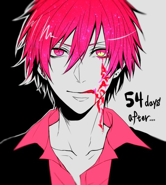 Anime picture 968x1076 with kuroko no basket production i.g akashi seijuurou heine (pixiv829991) single tall image looking at viewer fringe short hair simple background hair between eyes pink hair pink eyes inscription character names piercing facial mark portrait ear piercing open collar