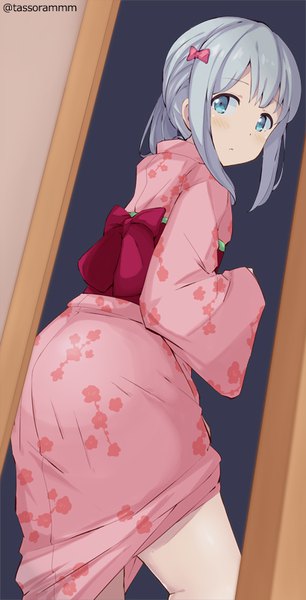 Anime picture 410x803 with eromanga sensei a-1 pictures izumi sagiri tasora single long hair tall image signed payot looking away silver hair traditional clothes japanese clothes looking back from behind wide sleeves twitter username floral print walking girl