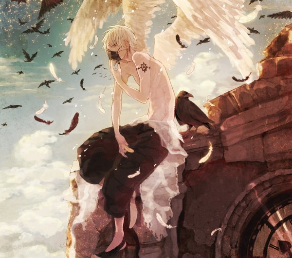 Anime picture 1700x1500 with original neruka (pixiv 6512689) single fringe short hair sitting holding sky nail polish tattoo glowing flying white wings shirtless boy earrings animal wings bird (birds) insect