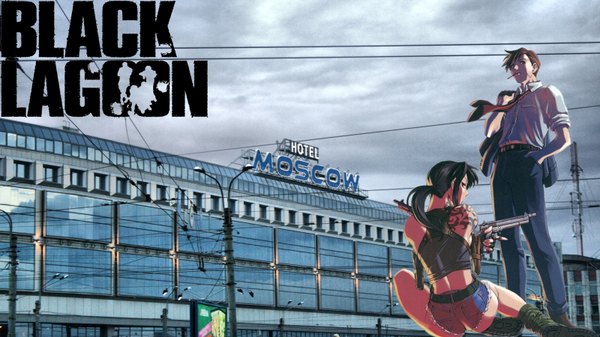 Anime picture 1600x900 with black lagoon madhouse revy (black lagoon) light erotic wide image rock gun