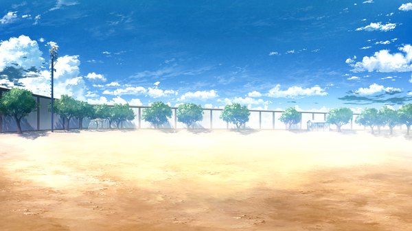 Anime picture 2560x1440 with grisaia no kajitsu highres wide image game cg sky cloud (clouds) no people landscape field plant (plants) tree (trees) fence