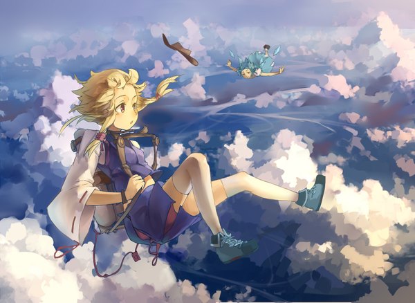 Anime picture 1653x1207 with touhou cirno moriya suwako huanxiang heitu long hair short hair blonde hair multiple girls brown eyes looking away cloud (clouds) aqua hair spread arms falling midair girl thighhighs dress skirt 2 girls