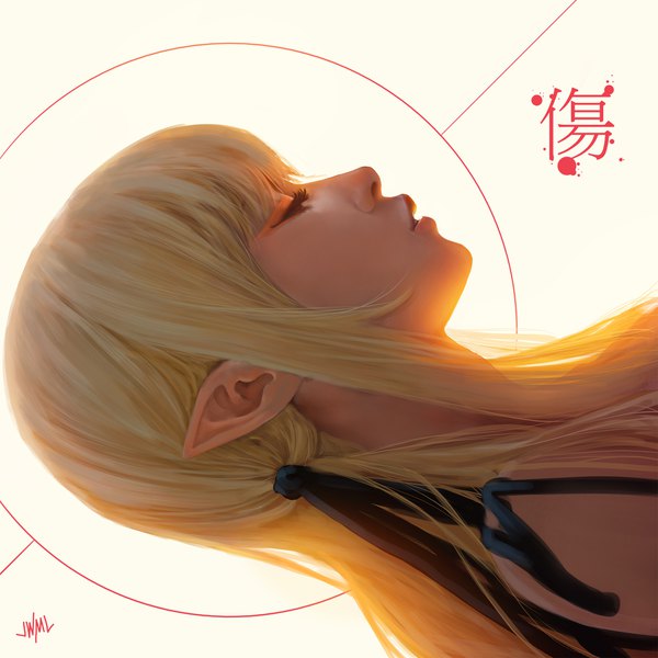 Anime picture 2000x2000 with kizumonogatari shaft (studio) monogatari (series) kissshot acerolaorion heartunderblade justin leyva (steamy tomato) single long hair highres simple background blonde hair signed eyes closed parted lips profile pointy ears realistic portrait girl ribbon (ribbons) hair ribbon