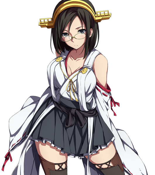 Anime picture 1760x1994 with kantai collection kirishima battleship sblack single tall image looking at viewer highres short hair black hair simple background white background grey eyes nontraditional miko girl hair ornament detached sleeves glasses