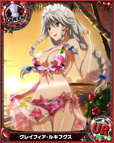 Anime picture 640x800 with highschool dxd grayfia lucifuge single long hair tall image breasts light erotic large breasts looking away braid (braids) grey hair grey eyes card (medium) girl navel flower (flowers) bow swimsuit plant (plants) hair bow