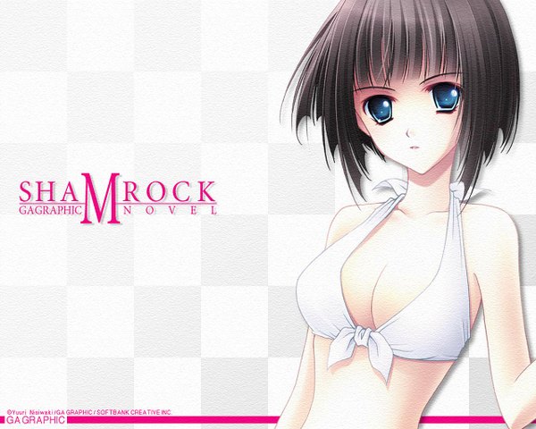 Anime picture 1280x1024 with shamrock (novel) gagraphic nishiwaki yuuri single looking at viewer short hair breasts brown hair white background aqua eyes inscription checkered background girl swimsuit bikini white bikini bikini top