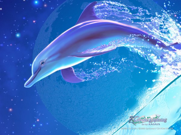 Anime picture 1600x1200 with kagaya 3d water moon star (stars) full moon dolphin