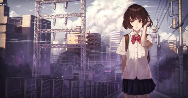 Anime picture 1500x781 with original kaoming single looking at viewer short hair brown hair wide image standing brown eyes sky cloud (clouds) upper body pleated skirt sunlight shadow adjusting hair girl skirt uniform school uniform