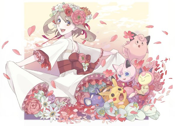 Anime picture 1077x777 with pokemon pokemon rse nintendo pikachu may (pokemon) jigglypuff clefairy skitty rattata nishihara isao short hair open mouth brown hair looking back hair flower from behind gen 1 pokemon gen 3 pokemon girl hair ornament