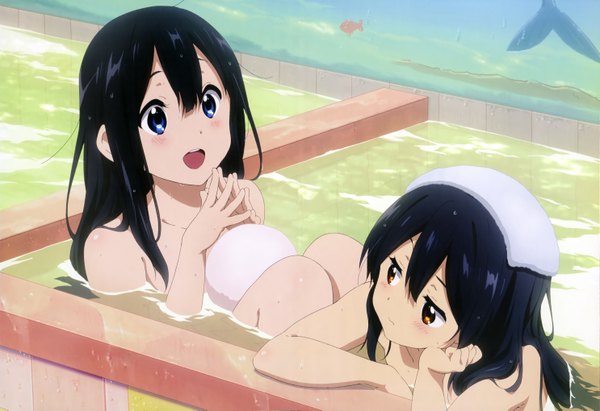 Anime picture 5938x4073 with tamako market kyoto animation nyantype kitashirakawa tamako kitashirakawa anko long hair blush highres open mouth blue eyes light erotic black hair multiple girls brown eyes absurdres nude official art girl 2 girls water