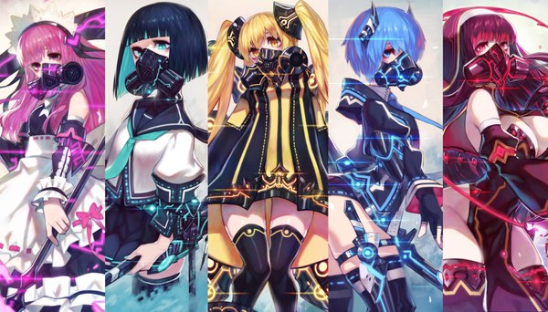 Anime picture 7168x4093 with original doku-chan (dokkudokudoku) long hair looking at viewer fringe highres short hair breasts blue eyes light erotic black hair blonde hair red eyes wide image large breasts twintails bare shoulders multiple girls holding yellow eyes
