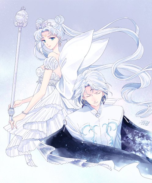 Anime picture 1020x1232 with bishoujo senshi sailor moon toei animation tsukino usagi prince diamond neo queen serenity saki (hxaxcxk) tall image short hair blue eyes simple background twintails bare shoulders silver hair eyes closed very long hair head tilt wind hair bun (hair buns) lipstick turning head