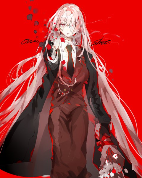 Anime picture 800x1000 with fate (series) fate/grand order florence nightingale (fate) emera single tall image looking at viewer simple background pink hair very long hair pink eyes inscription outstretched arm smoke red background bandage over one eye heroic spirit formal dress girl flower (flowers) weapon