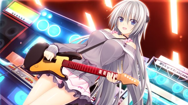 Anime picture 1280x720 with pretty x cation hibiki works elektrichka sapsan oryou single long hair looking at viewer blush open mouth blue eyes smile wide image bare shoulders game cg silver hair legs between breasts girl bow musical instrument