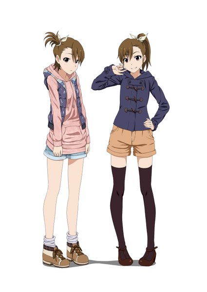 Anime picture 1240x1752 with idolmaster futami mami futami ami iyakun (artist) tall image short hair simple background smile brown hair white background brown eyes ponytail side ponytail siblings twins sisters thighhighs black thighhighs jacket shorts
