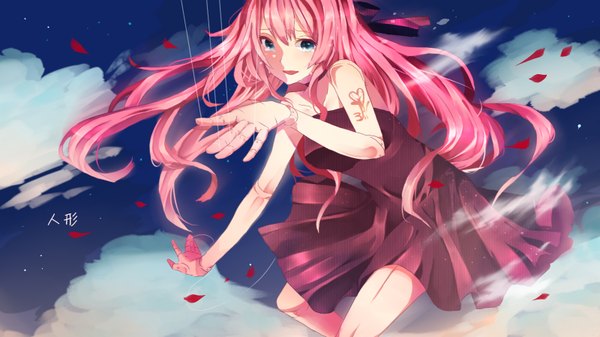 Anime picture 1600x900 with vocaloid megurine luka itamidome long hair blue eyes wide image pink hair sky cloud (clouds) tattoo girl dress petals doll (dolls)