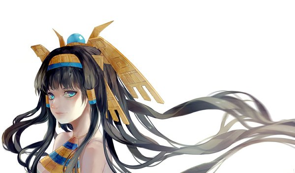 Anime picture 1191x700 with puzzle & dragons isis (p&d) uri (artist) single long hair looking at viewer fringe blue eyes black hair simple background smile wide image white background twintails bare shoulders wind close-up girl hair ornament