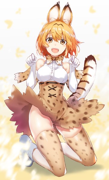 Anime picture 740x1216 with kemono friends serval (kemono friends) arisaka ako single tall image looking at viewer blush fringe short hair breasts open mouth light erotic blonde hair smile hair between eyes white background bare shoulders brown eyes animal ears full body